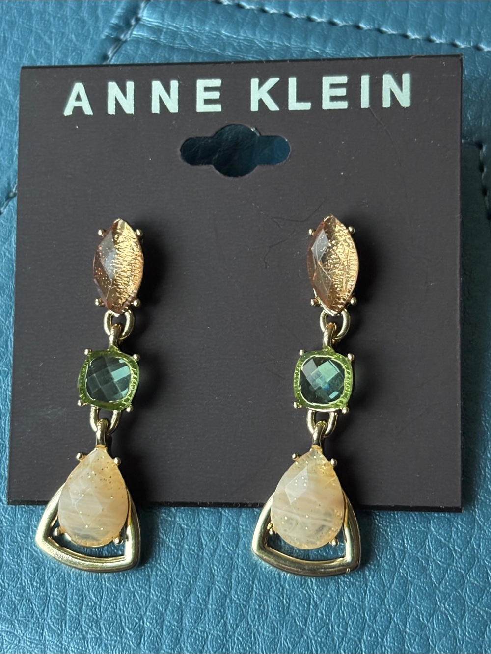 Anne Klein Gold-tone Drop Earrings with Green and Champagne Stones